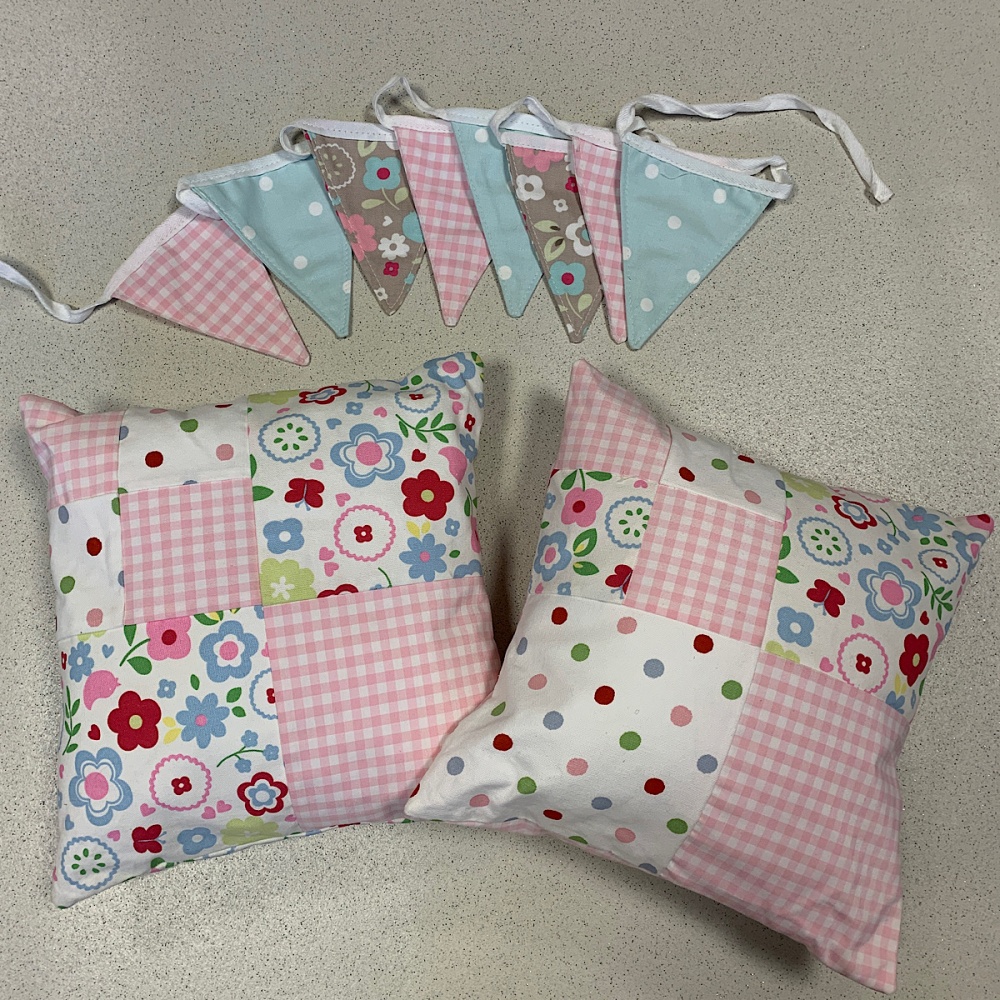 Vintage Style Cushion and Bunting Set Pink Multi